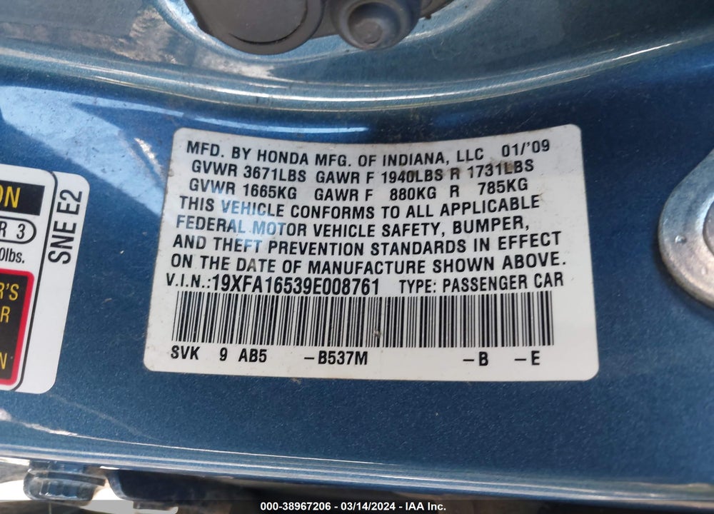 2009 HONDA CIVIC LX VIN: 19XFA16539E008761