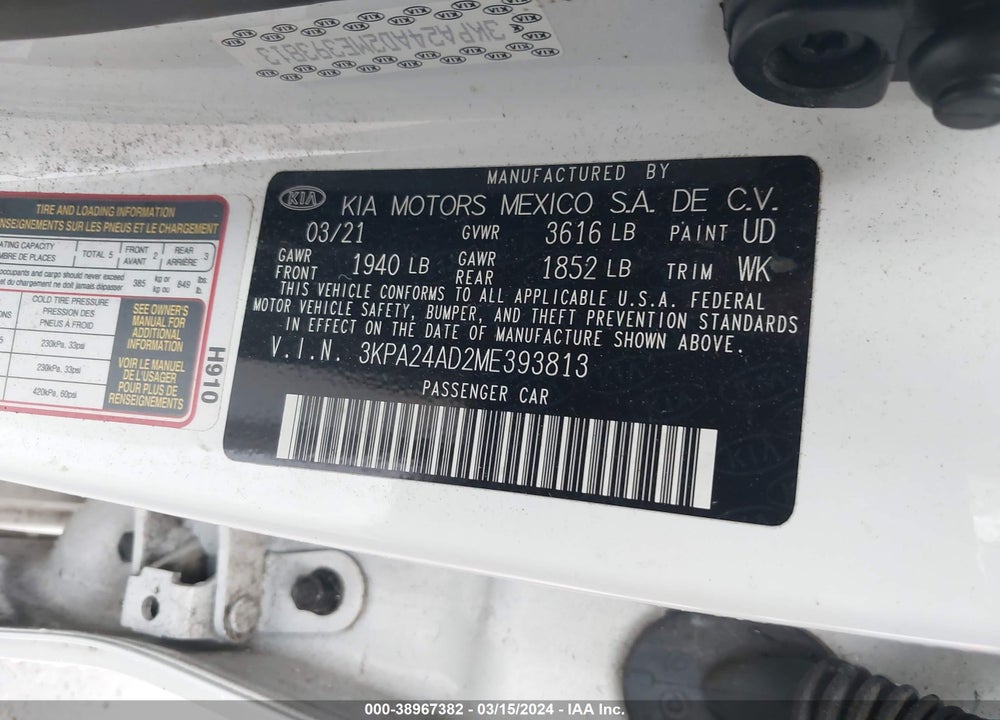 2021 KIA RIO LX VIN: 3KPA24AD2ME393813