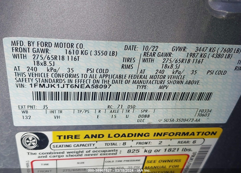 2022 FORD EXPEDITION XLT MAX VIN: 1FMJK1JT6NEA58097