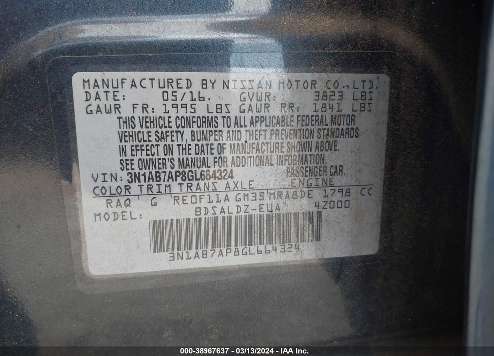 2016 NISSAN SENTRA FE+ S/S/SL/SR/SV VIN: 3N1AB7AP8GL664324