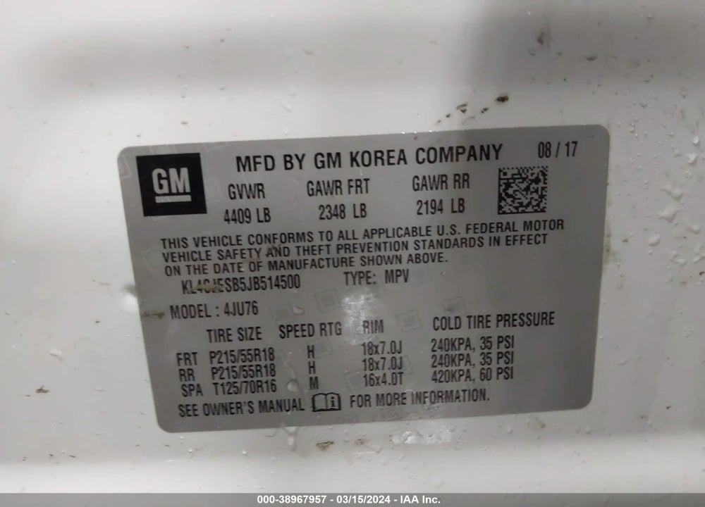 2018 BUICK ENCORE PREFERRED VIN: KL4CJESB5JB514500