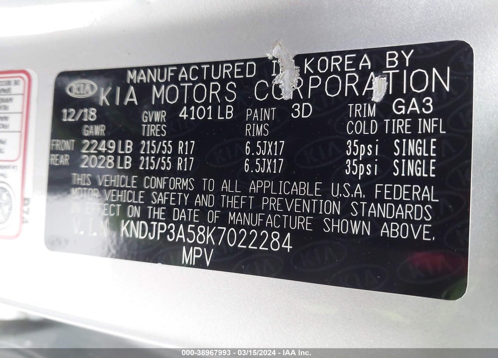 2019 KIA SOUL VIN: KNDJP3A58K7022284