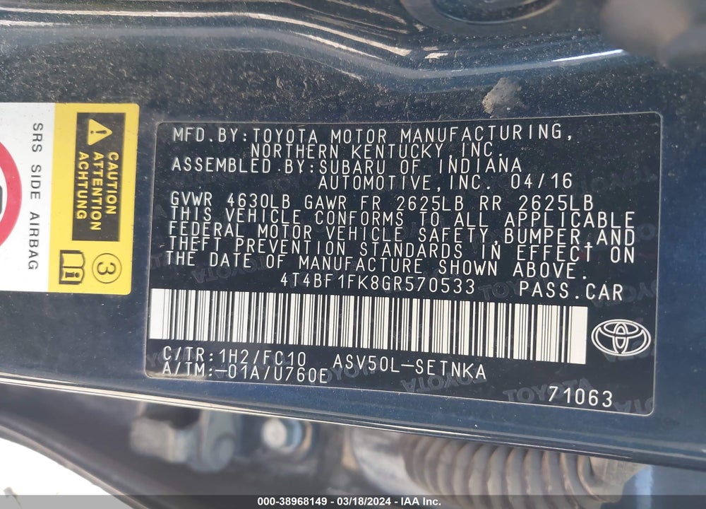 2016 TOYOTA CAMRY LE VIN: 4T4BF1FK8GR570533