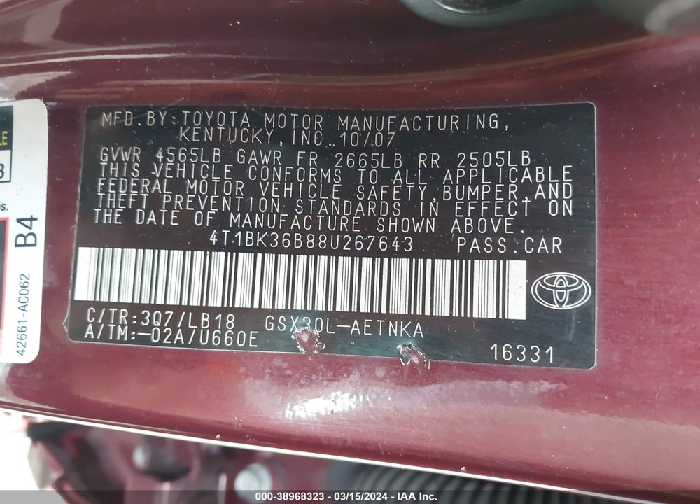2008 TOYOTA AVALON TOURING VIN: 4T1BK36B88U267643