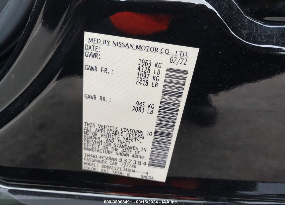 2022 NISSAN ALTIMA SR FWD VIN: 1N4BL4CV8NN337384