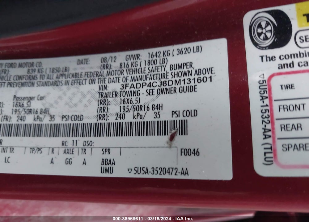 2013 FORD FIESTA TITANIUM VIN: 3FADP4CJ8DM131601