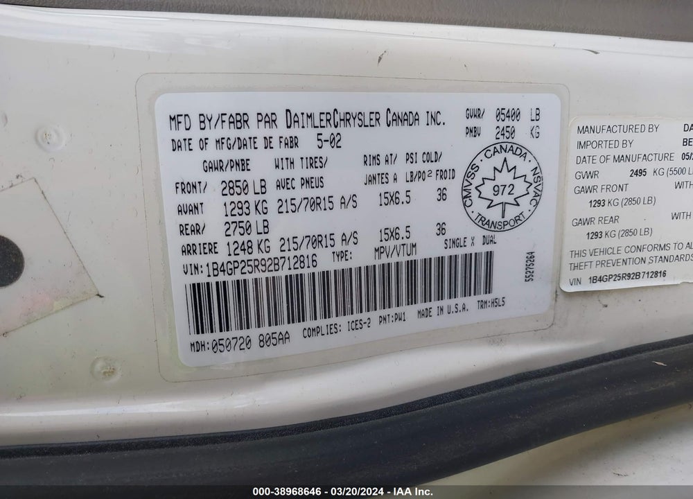 2002 DODGE CARAVAN SE VIN: 1B4GP25R92B712816