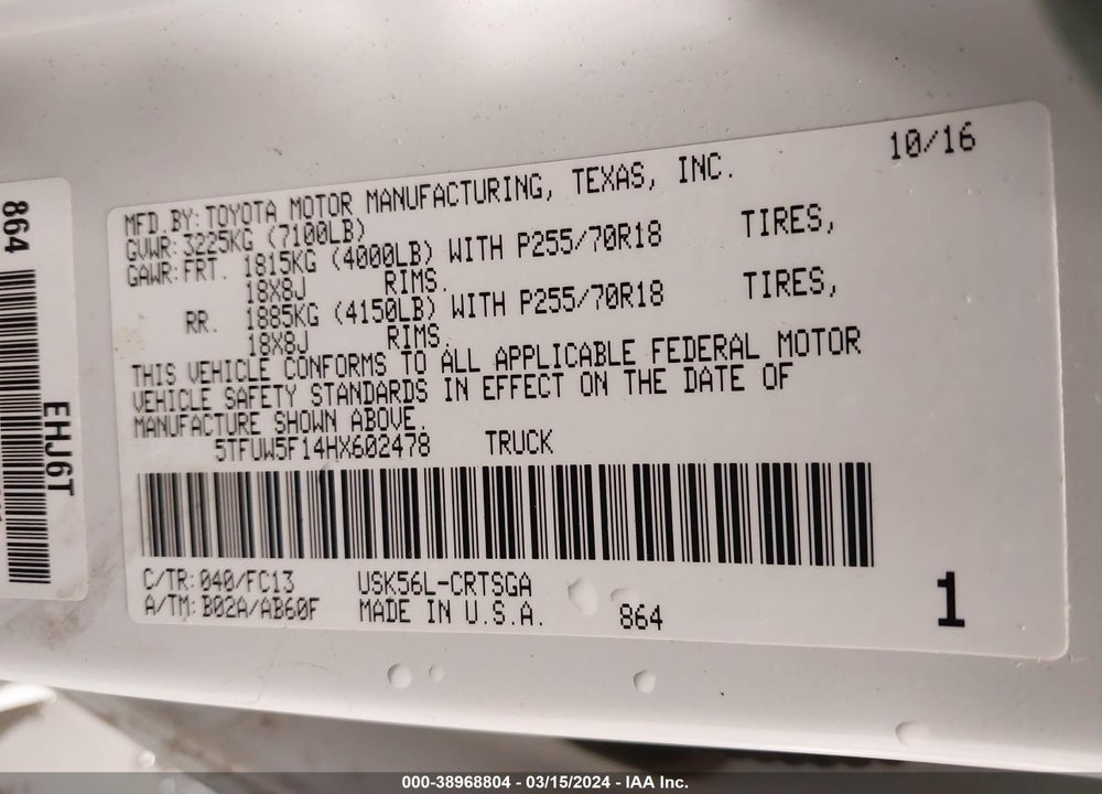 2017 TOYOTA TUNDRA SR5 5.7L V8 VIN: 5TFUW5F14HX602478