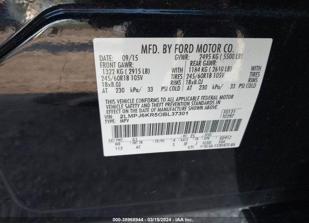 2016 LINCOLN MKX SELECT VIN: 2LMPJ6KR5GBL37301
