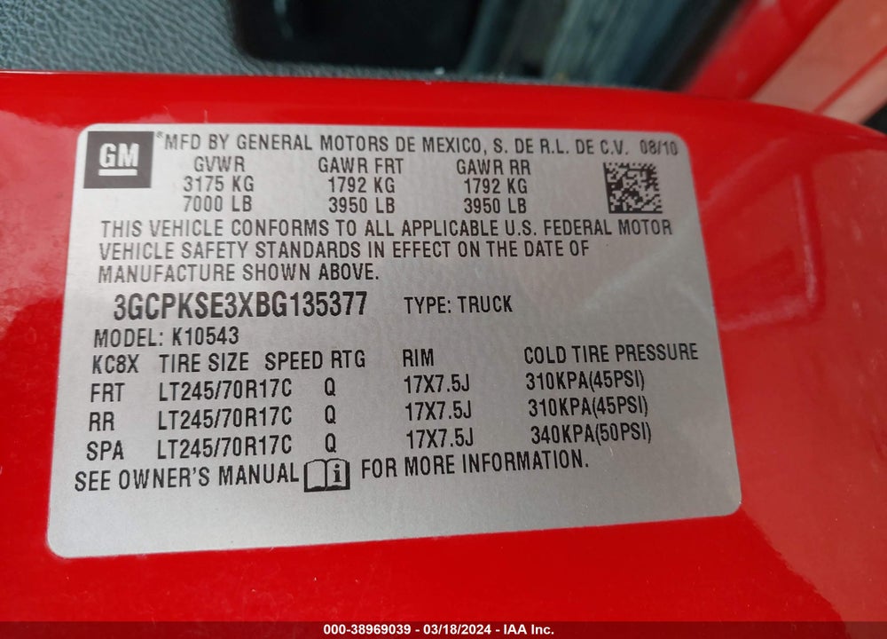 2011 CHEVROLET SILVERADO 1500 LT VIN: 3GCPKSE3XBG135377