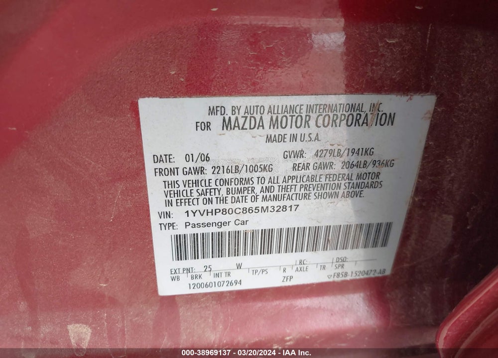 2006 MAZDA 6 I GRAND TOURING VIN: 1YVHP80C865M32817