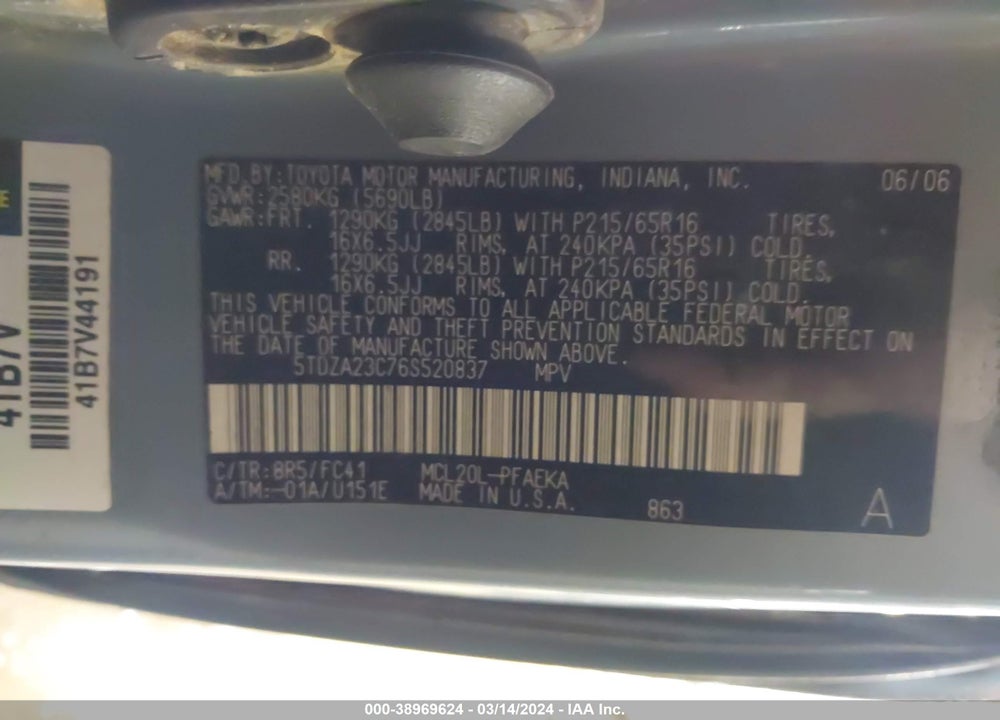 2006 TOYOTA SIENNA VIN: 5TDZA23C76S520837