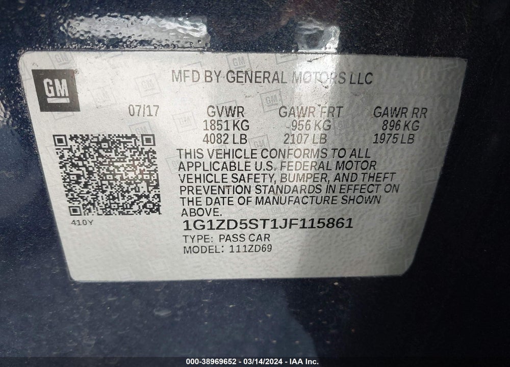 2018 CHEVROLET MALIBU LT VIN: 1G1ZD5ST1JF115861