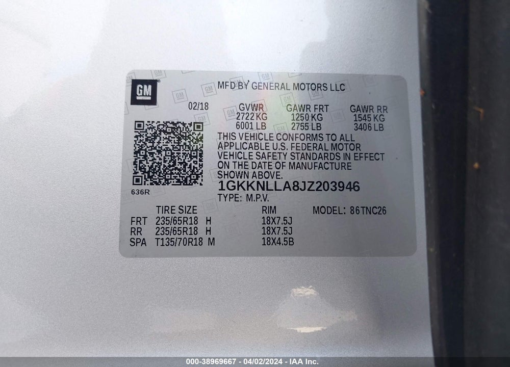 2018 GMC ACADIA SLE-2 VIN: 1GKKNLLA8JZ203946