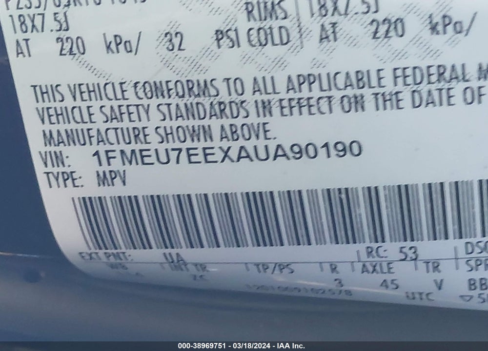 2010 FORD EXPLORER EDDIE BAUER VIN: 1FMEU7EEXAUA90190