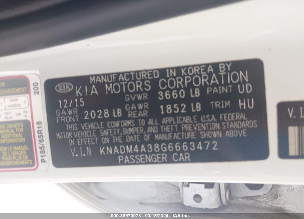 2016 KIA RIO VIN: KNADM4A38G6663472