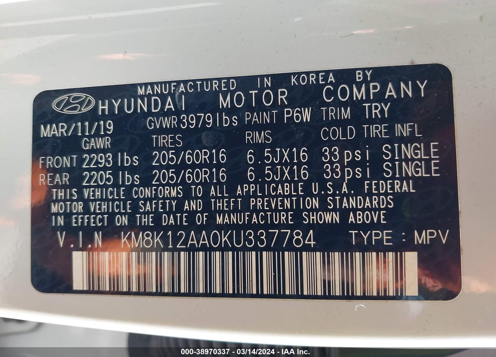 2019 HYUNDAI KONA SE VIN: KM8K12AA0KU337784