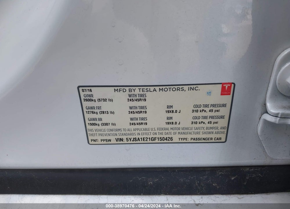 2016 TESLA MODEL S 60D/70D/75D/85D/90D VIN: 5YJSA1E21GF150426