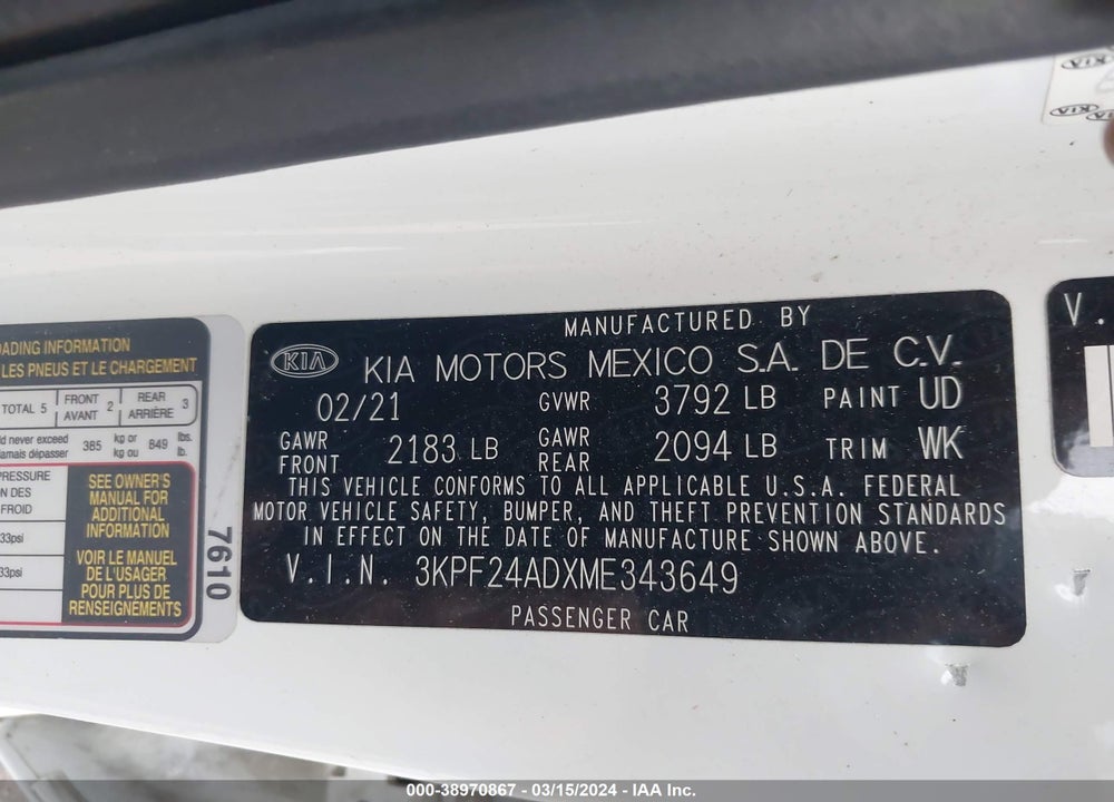 2021 KIA FORTE LXS VIN: 3KPF24ADXME343649