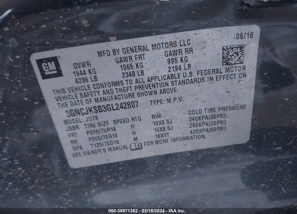 2016 CHEVROLET TRAX 1LS VIN: 3GNCJKSB3GL242807
