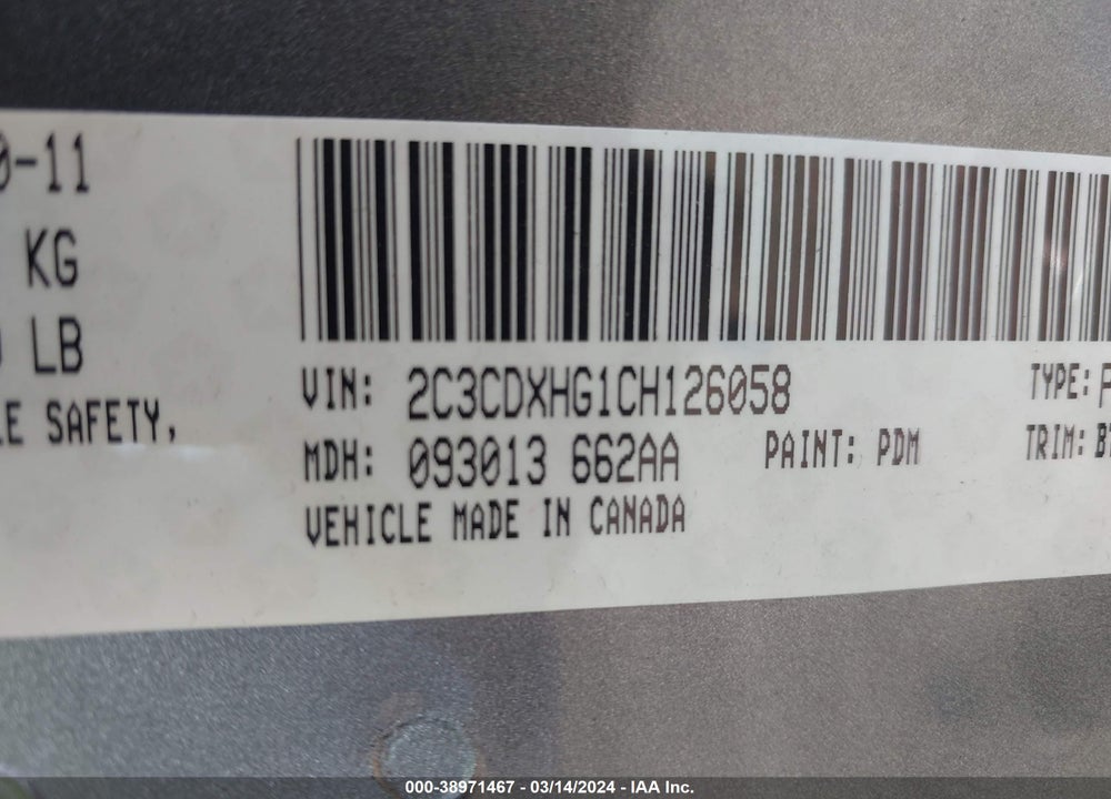 2012 DODGE CHARGER SXT VIN: 2C3CDXHG1CH126058