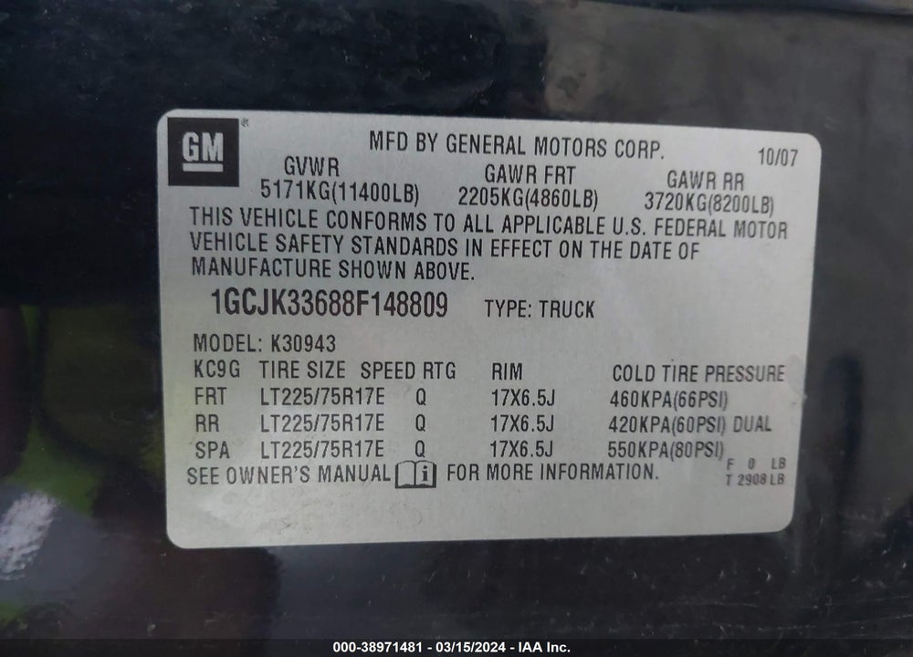 2008 CHEVROLET SILVERADO 3500HD LT1 VIN: 1GCJK33688F148809
