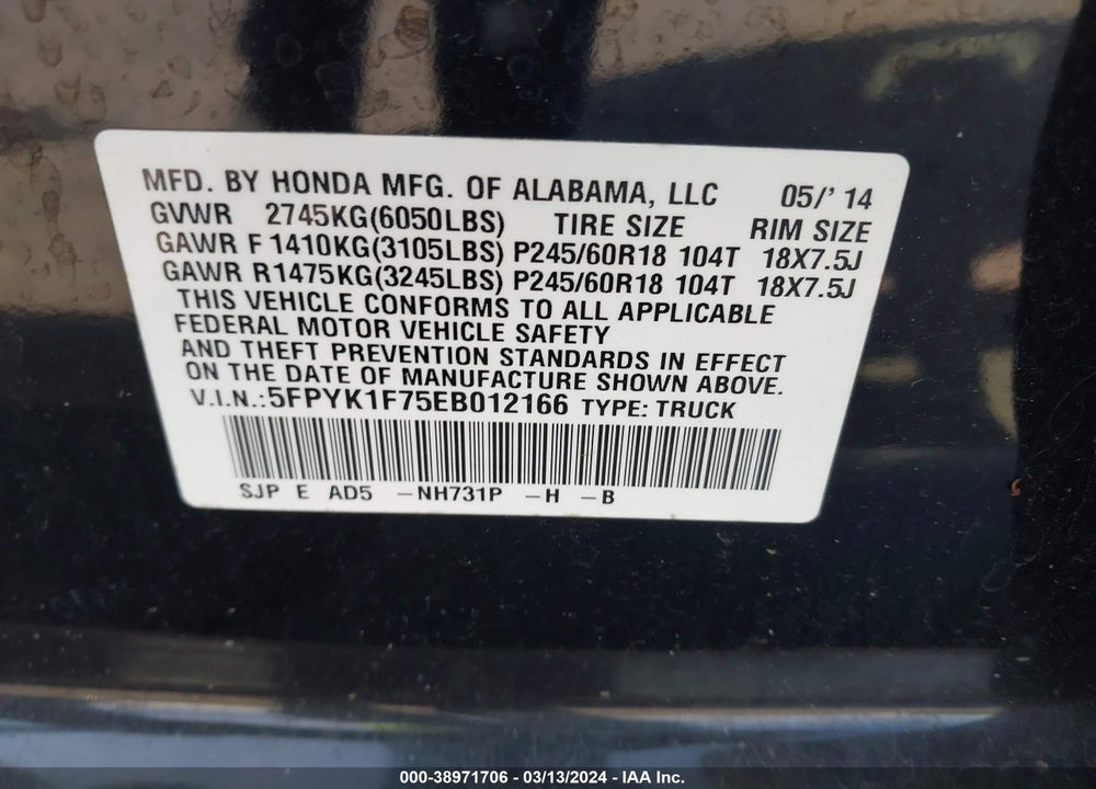 2014 HONDA RIDGELINE SPORT VIN: 5FPYK1F75EB012166