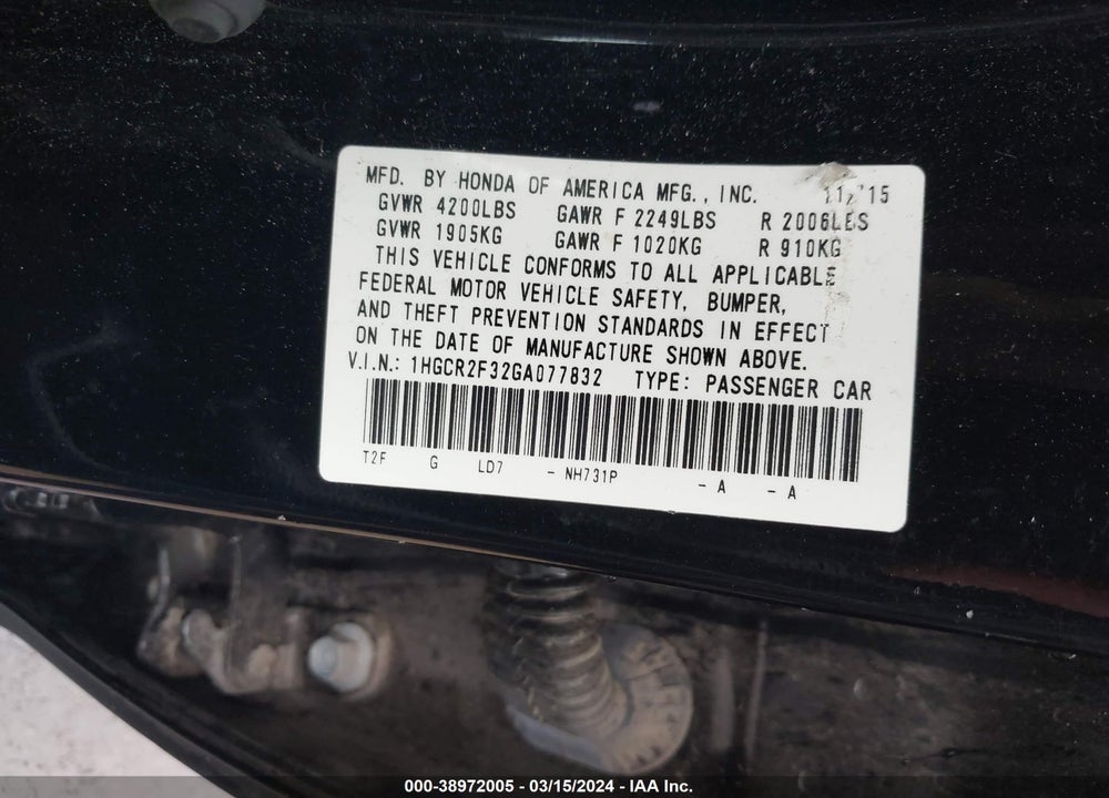 2016 HONDA ACCORD LX VIN: 1HGCR2F32GA077832
