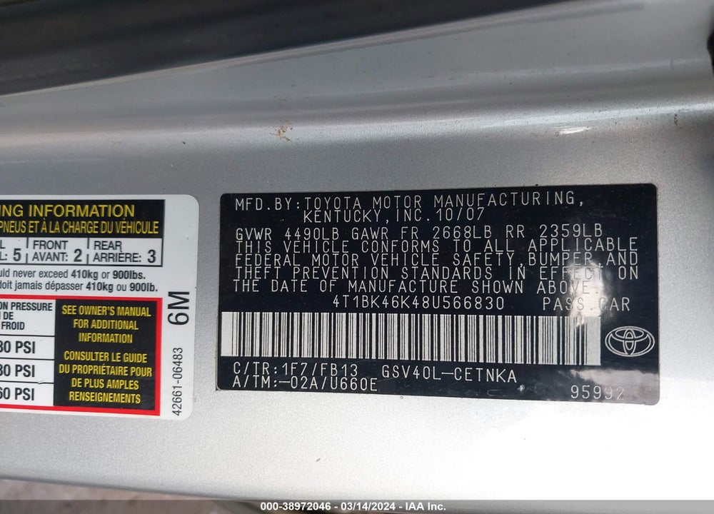 2008 TOYOTA CAMRY LE V6 VIN: 4T1BK46K48U566830