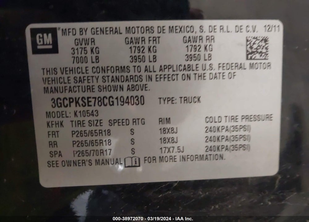 2012 CHEVROLET SILVERADO 1500 LT VIN: 3GCPKSE78CG194030