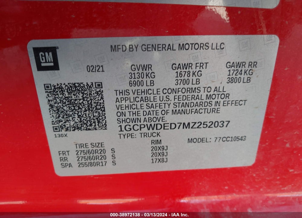 2021 CHEVROLET SILVERADO 1500 2WD SHORT BED RST VIN: 1GCPWDED7MZ252037
