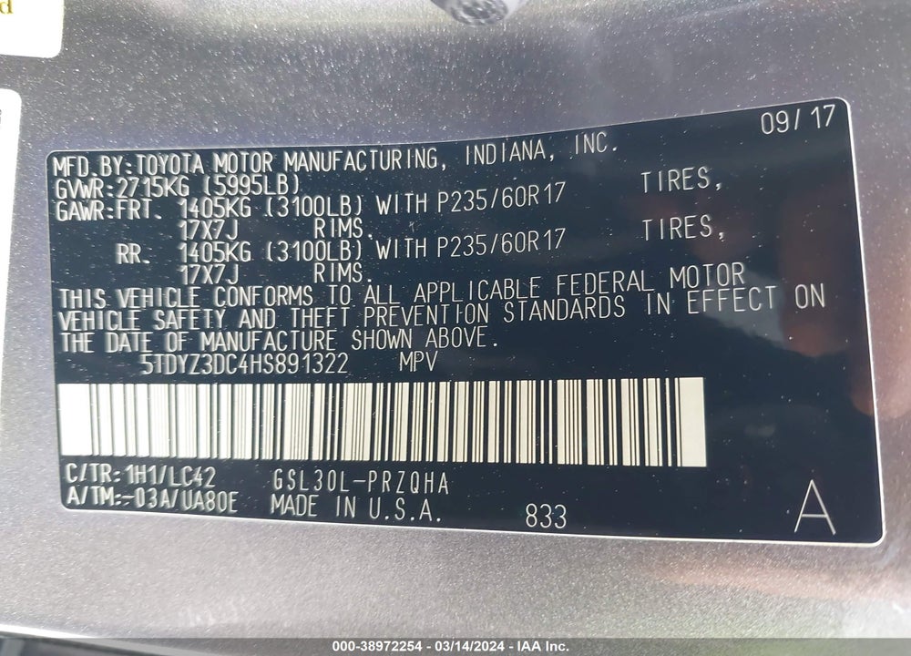 2017 TOYOTA SIENNA XLE 8 PASSENGER VIN: 5TDYZ3DC4HS891322