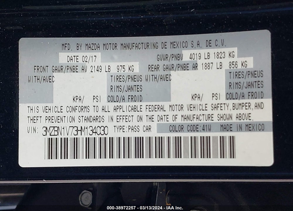 2017 MAZDA 3 TOURING VIN: 3MZBN1V73HM134030