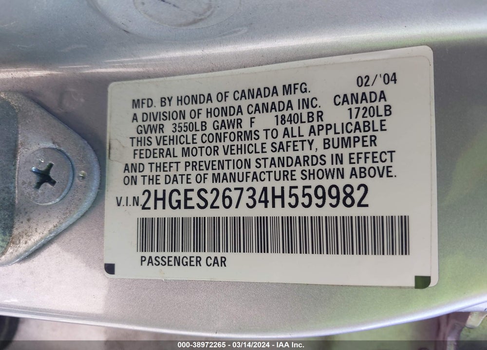 2004 HONDA CIVIC VIN: 2HGES26734H559982
