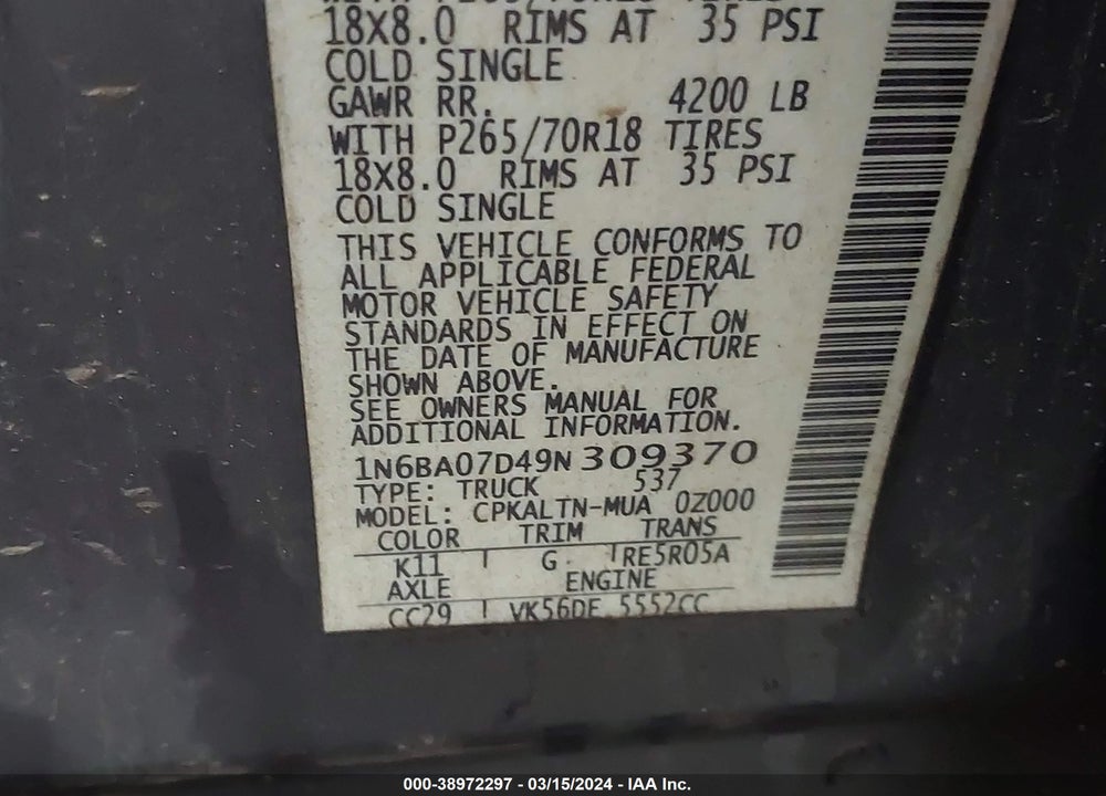 2009 NISSAN TITAN SE VIN: 1N6BA07D49N309370