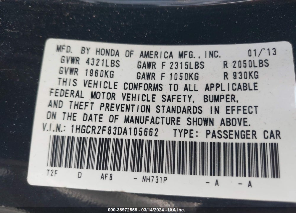 2013 HONDA ACCORD EX-L VIN: 1HGCR2F83DA105662