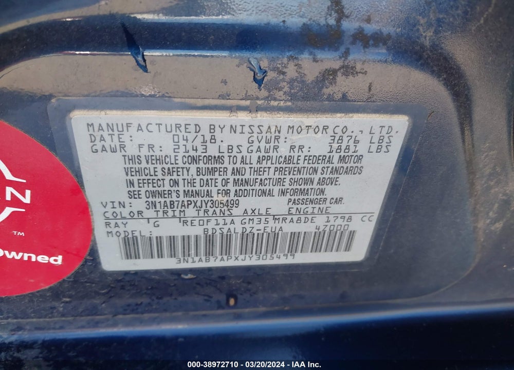 2018 NISSAN SENTRA SV VIN: 3N1AB7APXJY305499