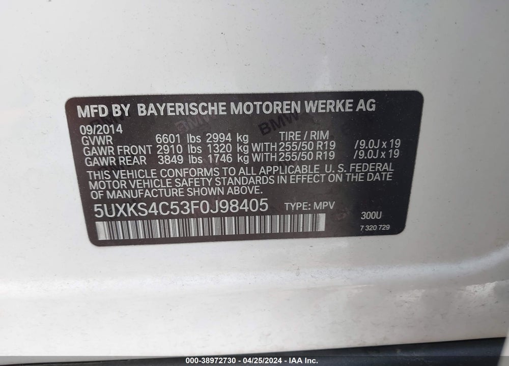 2015 BMW X5 XDRIVE35D VIN: 5UXKS4C53F0J98405