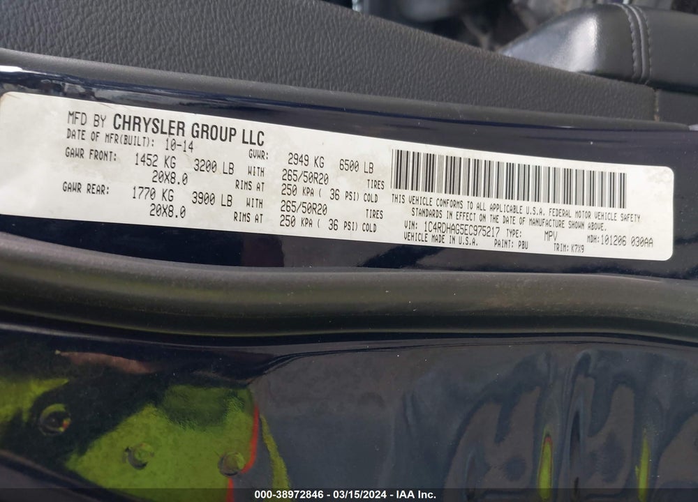 2014 DODGE DURANGO SXT VIN: 1C4RDHAG5EC975217