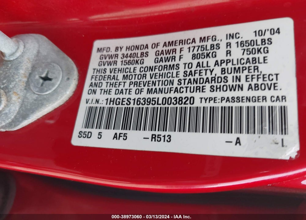 2005 HONDA CIVIC VP VIN: 1HGES16395L003820
