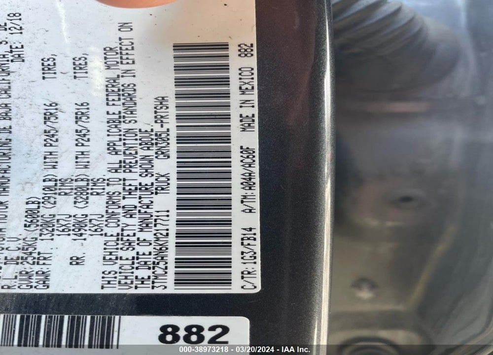 2019 TOYOTA TACOMA SR V6 VIN: 3TMCZ5AN6KM217711