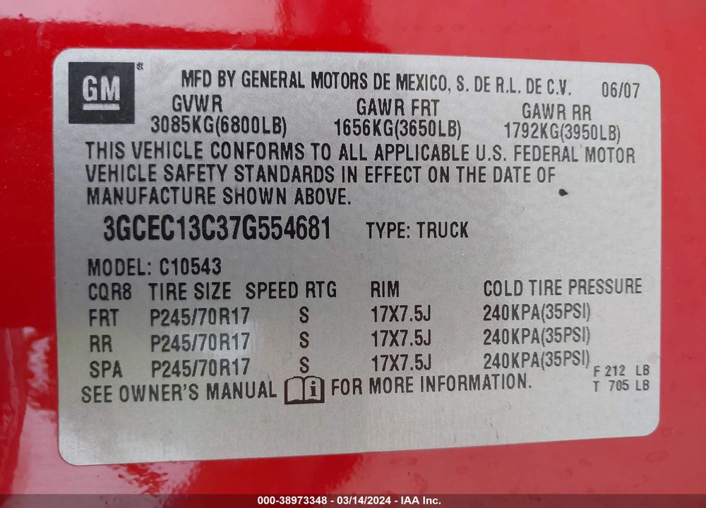 2007 CHEVROLET SILVERADO 1500 VIN: 3GCEC13C37G554681