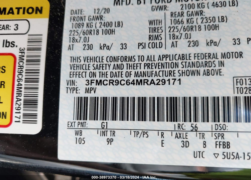 2021 FORD BRONCO SPORT OUTER BANKS VIN: 3FMCR9C64MRA29171