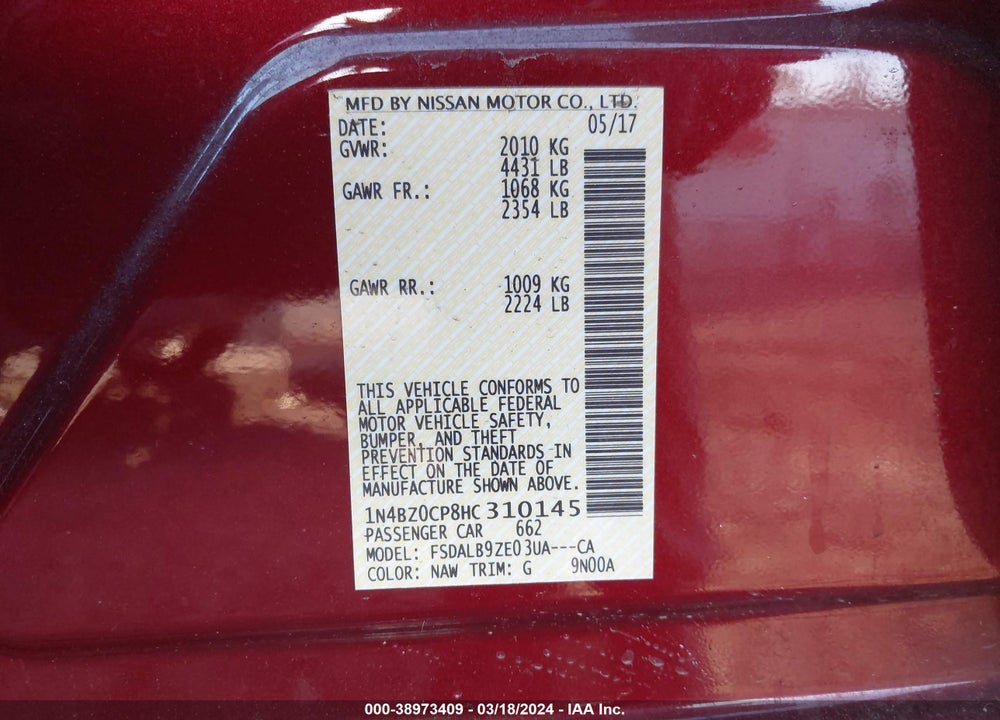 2017 NISSAN LEAF S VIN: 1N4BZ0CP8HC310145