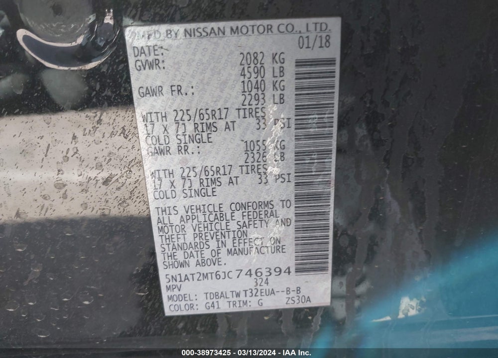 2018 NISSAN ROGUE SV VIN: 5N1AT2MT6JC746394
