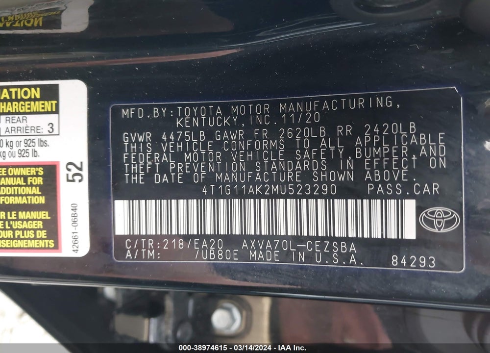 2021 TOYOTA CAMRY SE VIN: 4T1G11AK2MU523290