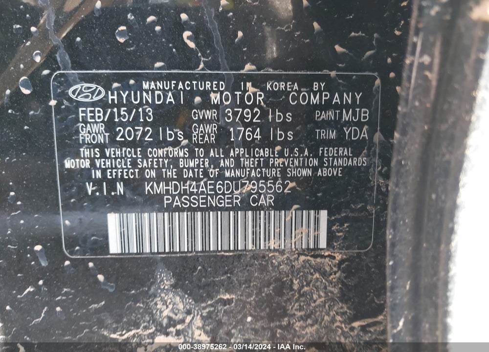 2013 HYUNDAI ELANTRA GLS VIN: KMHDH4AE6DU795562