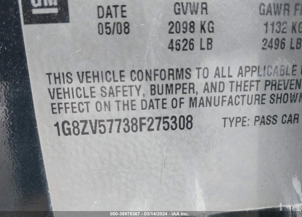 2008 SATURN AURA XR VIN: 1G8ZV57738F275308