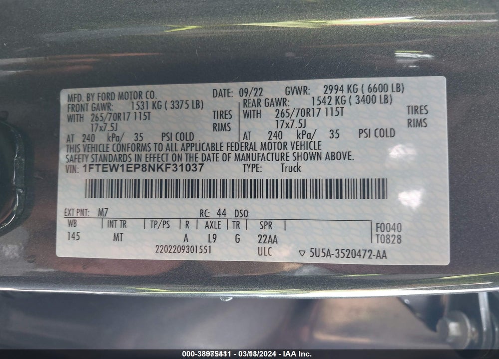 2022 FORD F-150 XLT VIN: 1FTEW1EP8NKF31037
