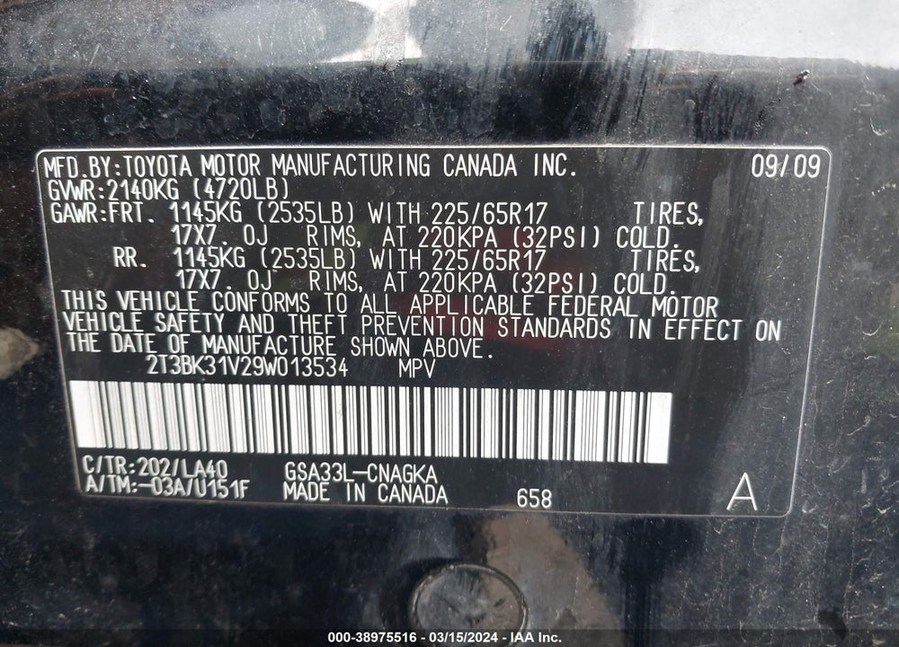 2009 TOYOTA RAV4 LIMITED V6 VIN: 2T3BK31V29W013534